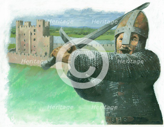 A Norman soldier attacking with a 'hand-and-a-half', a two-handed broadsword, 1990s. Artist: Ivan Lapper.