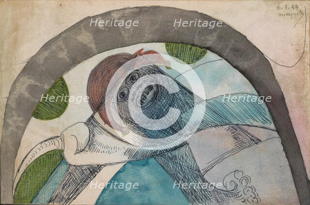 Anthropomorphic figure with a harlequin hat under an arc, 1944. Creator: Samuel Jessurun de Mesquita.