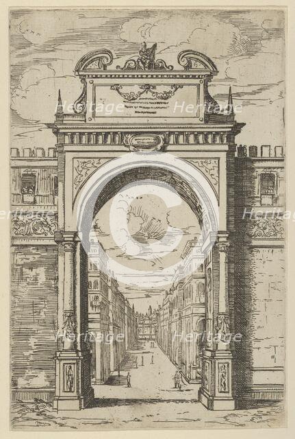 Triumphal arch surmounted by a statue of Moses, buildings seen through the arch below, a t..., 1598. Creator: Guido Reni.
