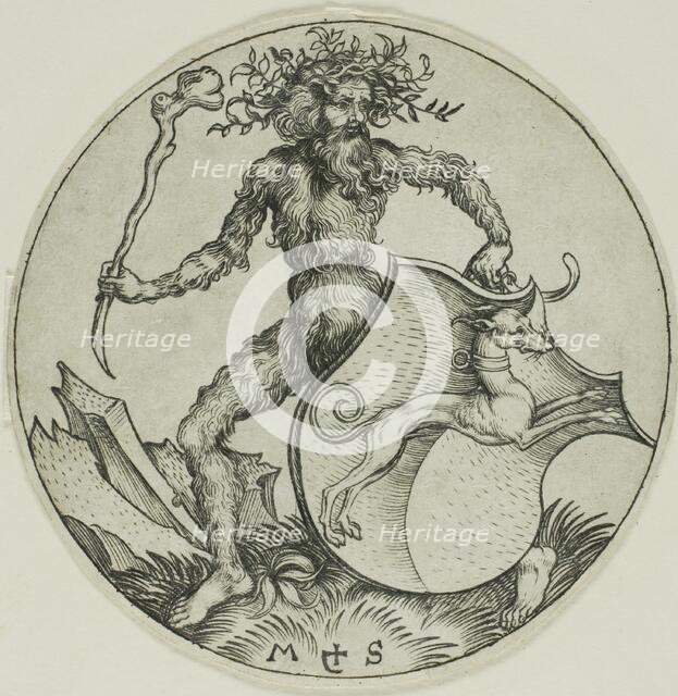 Shield with a Greyhound, Held by a Wild Man, 1469/82. Creator: Martin Schongauer.
