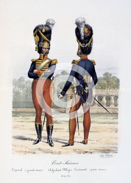 'Cent-Suisses, Caporal (grande tenue), Adjudant-Major Lieutenant (petite tenue)', 1814-17 Artist: Eugene Titeux