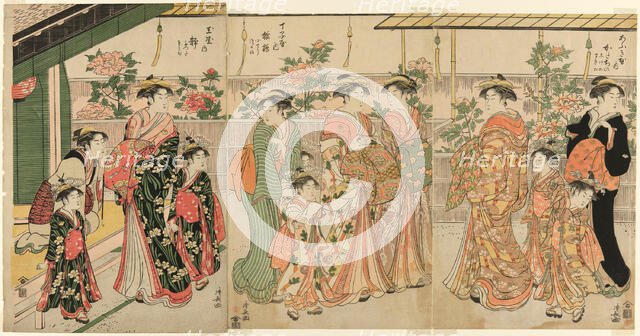 Courtesans of Yoshiwara and their attendants viewing the peonies on Nakanocho, c. 1787. Creator: Torii Kiyonaga.