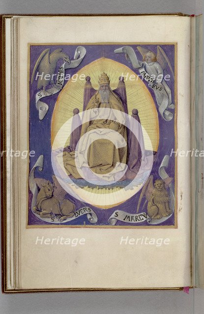 God the Father with symbols of the four Evangelists in the corners. (Book of Hours), 1450-1499. Artist: Fouquet, Jean (workshop)  
