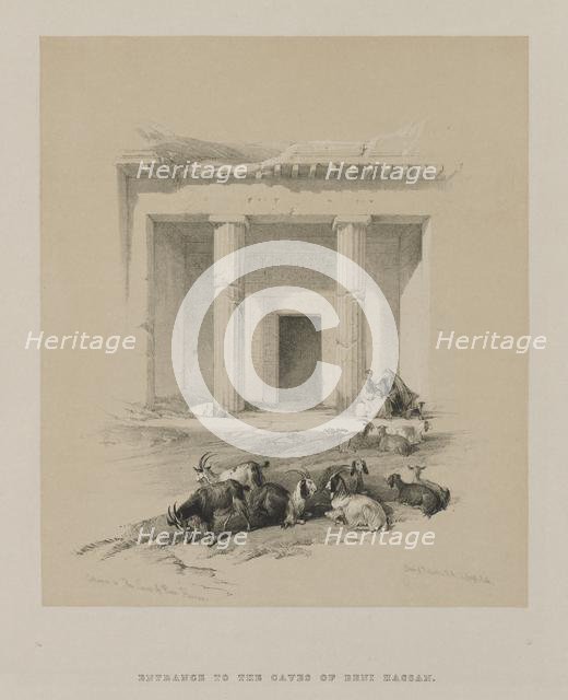 Egypt and Nubia, Volume I: Entrance to the Caves of Beni-Hasan, 1847. Creator: Louis Haghe (British, 1806-1885); F.G.Moon, 20 Threadneedle Street, London.