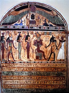 Stela in painted wood from Thebes, representing Anubis leading the deceased before Osiris with Ho…