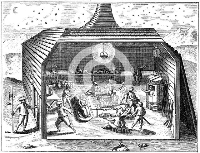 Winter quarters of Willem Barents' expedition to the Arctic, 1596-1597. Artist: Unknown