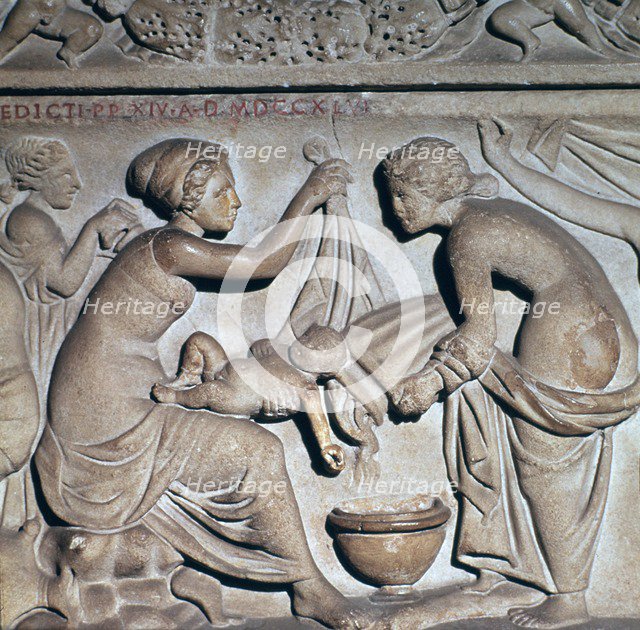 Roman depiction of bathing a baby. Artist: Unknown