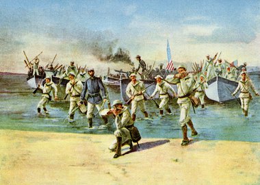 Thumbnail image of Landing ammunition for the insurgents, under fire, Spanish-American War, Cuba, 1898. Artist: Unknown