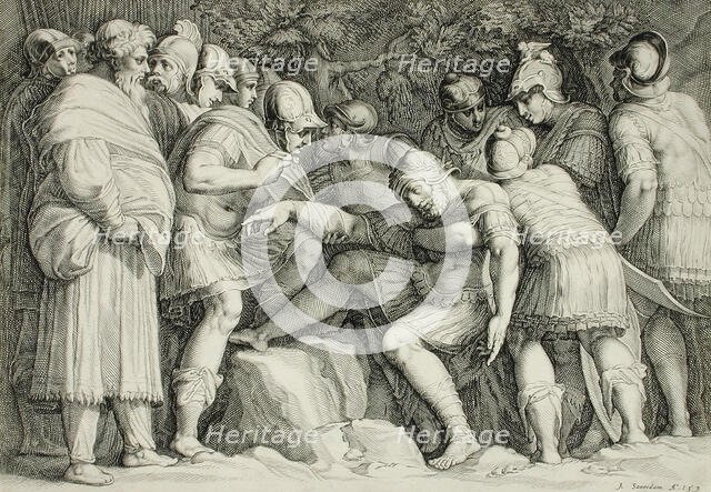 Wounded Scipio Carried from Battle by His Sons, 1593. Creator: Jan Saenredam.