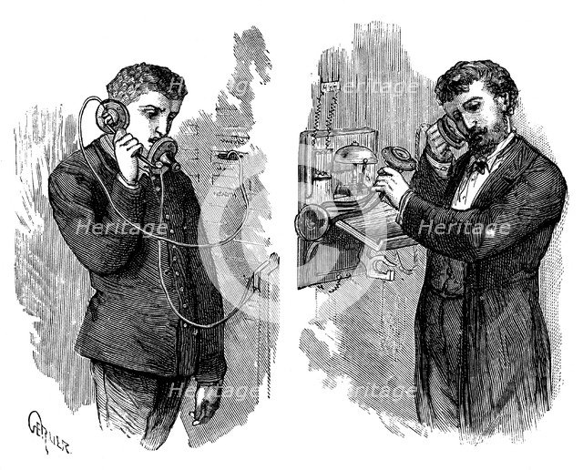 New York telephone subscriber making call through operator at telephone exchange, 1883. Artist: Unknown