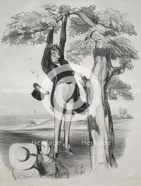 Pastorales, plate 2: The Hazards of shaking a plum tree too vigorously..., 1845. Creator: Honoré Daumier (French, 1808-1879).