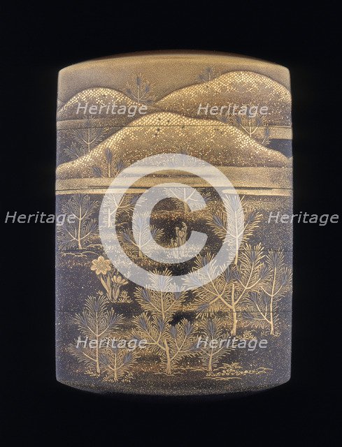 Makie lacquer inro decorated with stylised pine trees and hills, late Edo period, Japan, 1750-1850. Artist: Unknown