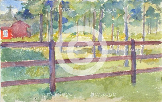 A red building in the woods behind the fence. Creator: Maria Wiik.