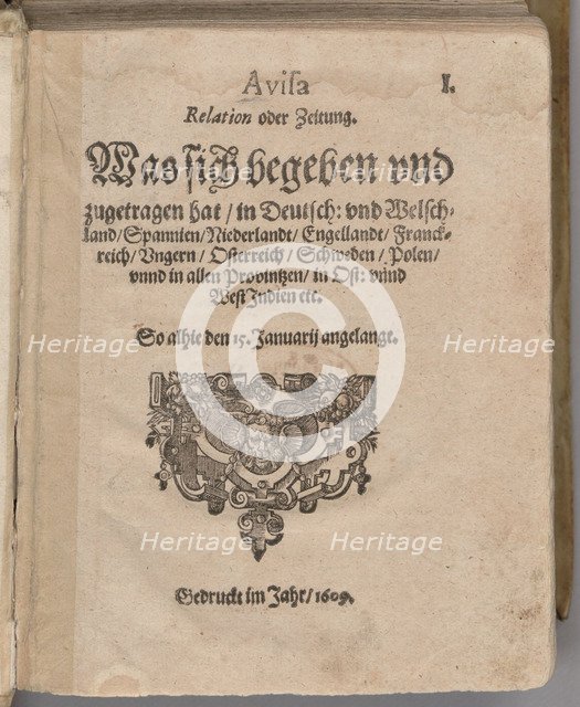 Aviso. Relation oder Zeitung. Title page of the first edition , 1609.