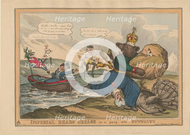 Imperial Bears Grease (Greece) or a peep into futurity. Caricature on the Russo-Turkish War, 1828. Creator: Heath, William (1795-1840).