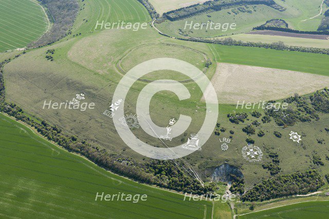 Chalk military badges and Chisenbury Camp univallate hillfort, Fovant Down, Wiltshire, 2015. Creator: Historic England Staff Photographer.