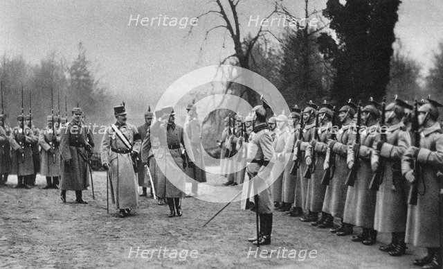 Emperor Karl I of Austria visiting Kaiser Wilhelm II at Army headquarters, World War I, 1917. Artist: Unknown