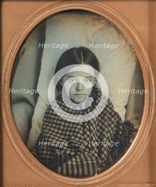 [Young Girl Wearing Gingham Shawl, Resting on Pillow], 1853-56. Creator: Beckers & Piard.