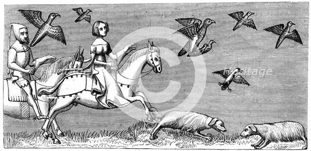 How to make young hawks fly, 14th century (1849). Artist: Unknown