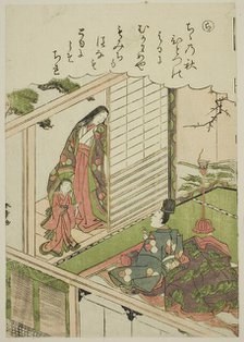 Ra: Narihira Requests a Painting from a Former Lover, from the series "Tales of Ise in..., c1772/73. Creator: Shunsho.