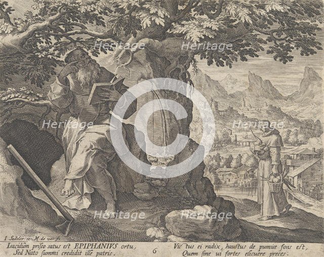 Epiphanius, from the series Sylvae Sacrae Monumenta...Anachoretarum, 1593-94. Creators: Martin de Vos, Johann Sadeler I.