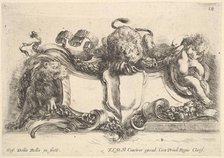 Plate 18: a cartouche containing an empty crest, two lionesses, one to left and one in cen..., 1646. Creator: Stefano della Bella.