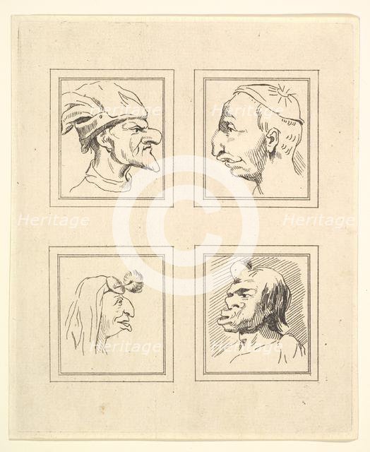 Four Heads (from Characaturas by Leonardo da Vinci, from Drawings by Wincelslaus Hollar, o..., 1786. Creator: Unknown.