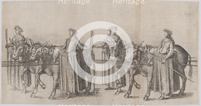 Four women walking alongside four cows; plate from 'Repraesentatio Der Fürstlichen Auffzug..., 1611. Creator: Balthasar Küchler.