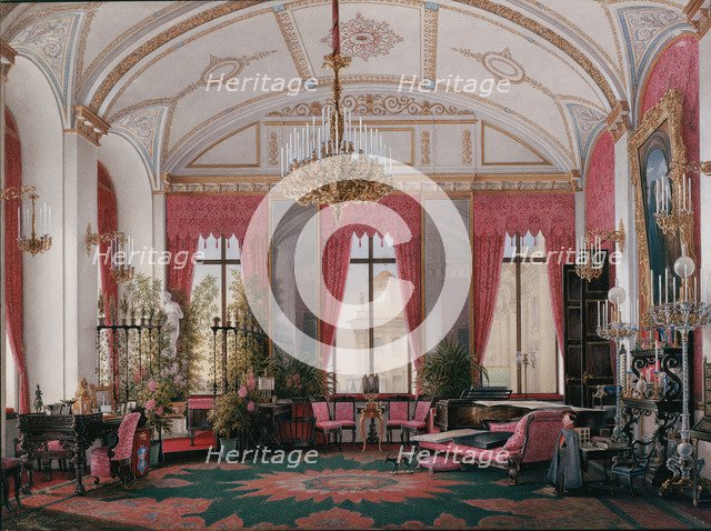 Interiors of the Winter Palace. The Raspberry Study of Empress Maria Alexandrovna, 1860s. Artist: Hau, Eduard (1807-1887)