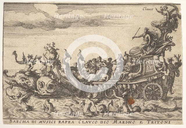 Plate 16: Ship of musicians with the sea god Claucus and tritons (Barcha di musici rapra C..., 1664. Creator: Unknown.