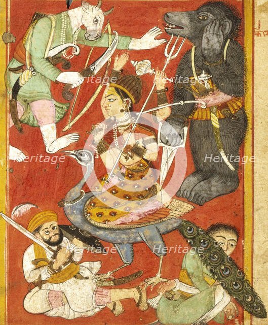 Vaishnavi and Varahi Fighting Asuras(Recto), Kumari Fighting Asuras(Verso)..., between 1675 and 1700 Creator: Unknown.