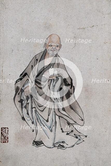 A Chinese man standing holding three vessels on a tray, (between 1800 and 1899?). Creator: Unknown.