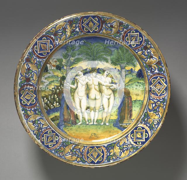 Plate Depicting Three Graces, 1525. Creator: Maestro Giorgio Andreoli (Italian, 1465-70-aft 1553).