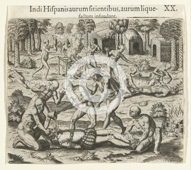 Indians pour liquid gold into the mouth of a Spaniard, 1594. Creator: Bry, Theodor de (1528-1598).