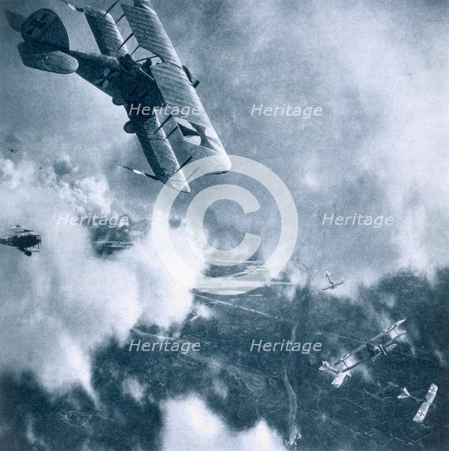 Aerial combat on the Western Front, World War I, 1914-1918. Artist: Unknown