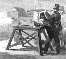 Official trial of small-bore rifles on Plumstead Marshes: the rifle-rest, 1862. Creator: Unknown.