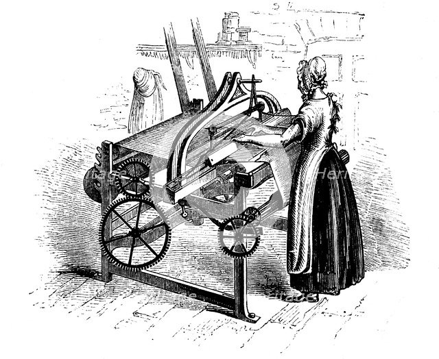 Woman operating a power loom for weaving cotton, c1840. Artist: Unknown