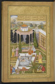 The owner of the garden discovering maidens bathing in the pool..., 1595. Creator: Sanwlah.