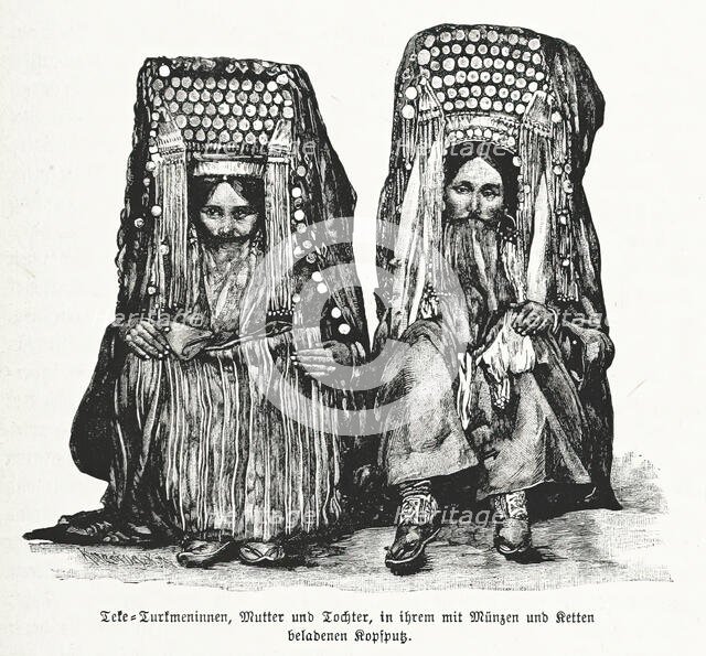 Turkmen mother and daughter, in their headdresses laden with coins and chains, 1892. Creator: Unknown.