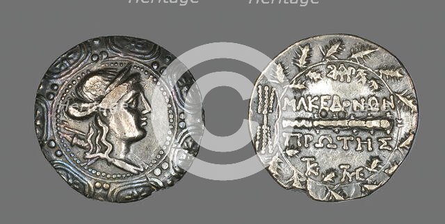 Tetradrachm (Coin) Depicting a Macedonian Shield with the Goddess Artemis, 158-149 BCE. Creator: Unknown.