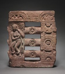 Section of Monolithic Railing with Bather and Lotus Medallions, c. 150-250. Creator: Unknown.