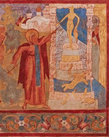 Abraham of Rostov destroys the Veles's statue. Fresco of the Church of Saint John The Apostle in Ros