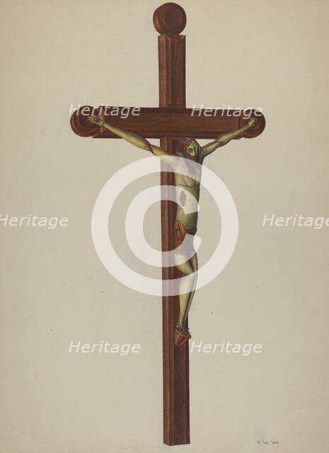 Carved Wooden Crucifix, c. 1939. Creator: Vera Van Voris.