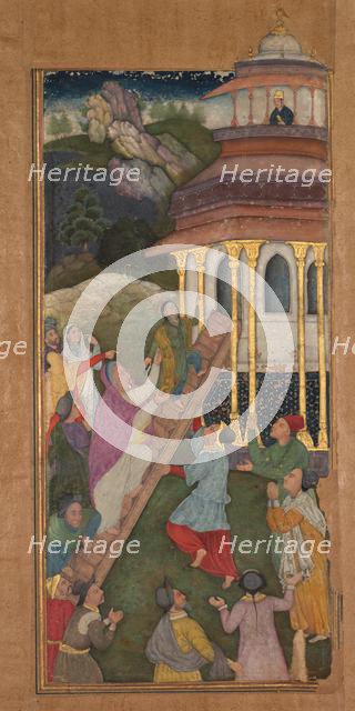 Mary ascends the stairs to the temple, from a Mir’at al-quds (Mirror of Holiness)..., 1602-1604. Creator: Unknown.