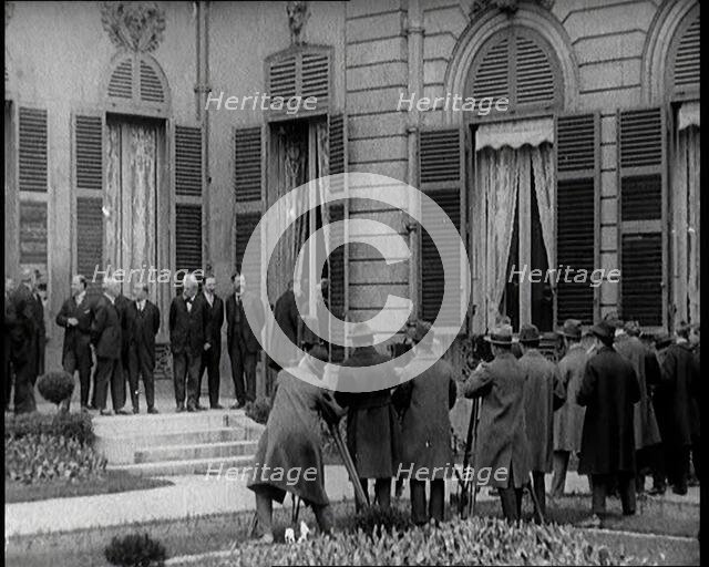 New French Government Standing Being Photographed, Filmed and Interviewed by Journalists, 1920s. Creator: British Pathe Ltd.