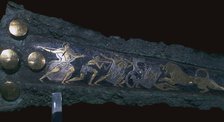 Detail of inlay on a Mycenaean bronze dagger showing a lion hunt, 16th century. Artist: Unknown