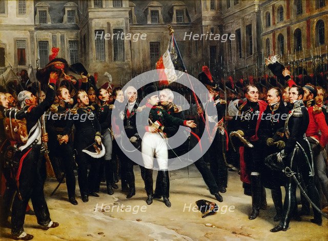 Napoleon's farewell to the Imperial Guard in the courtyard of the Palace of Fontainebleau on 20 Apri Artist: Montfort, Antoine Alphonse (1802-1884)