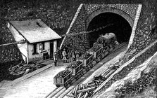 Railway entering the Saint - Gothard tunnel, in the Swiss Alps, engraving 1877.