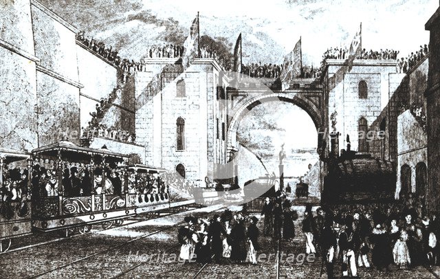 Opening of the line from Liverpool to Manchester, September 15, 1830, with a Rocket machine, firs…
