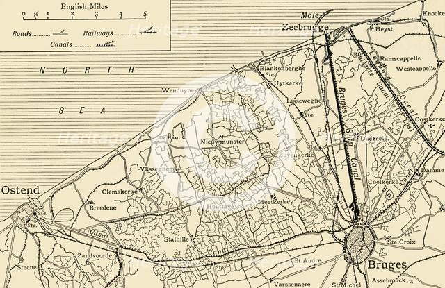 'Map showing the Canal System connecting Zeebrugge and Ostend with Bruges'...(c1920). Creator: Unknown.